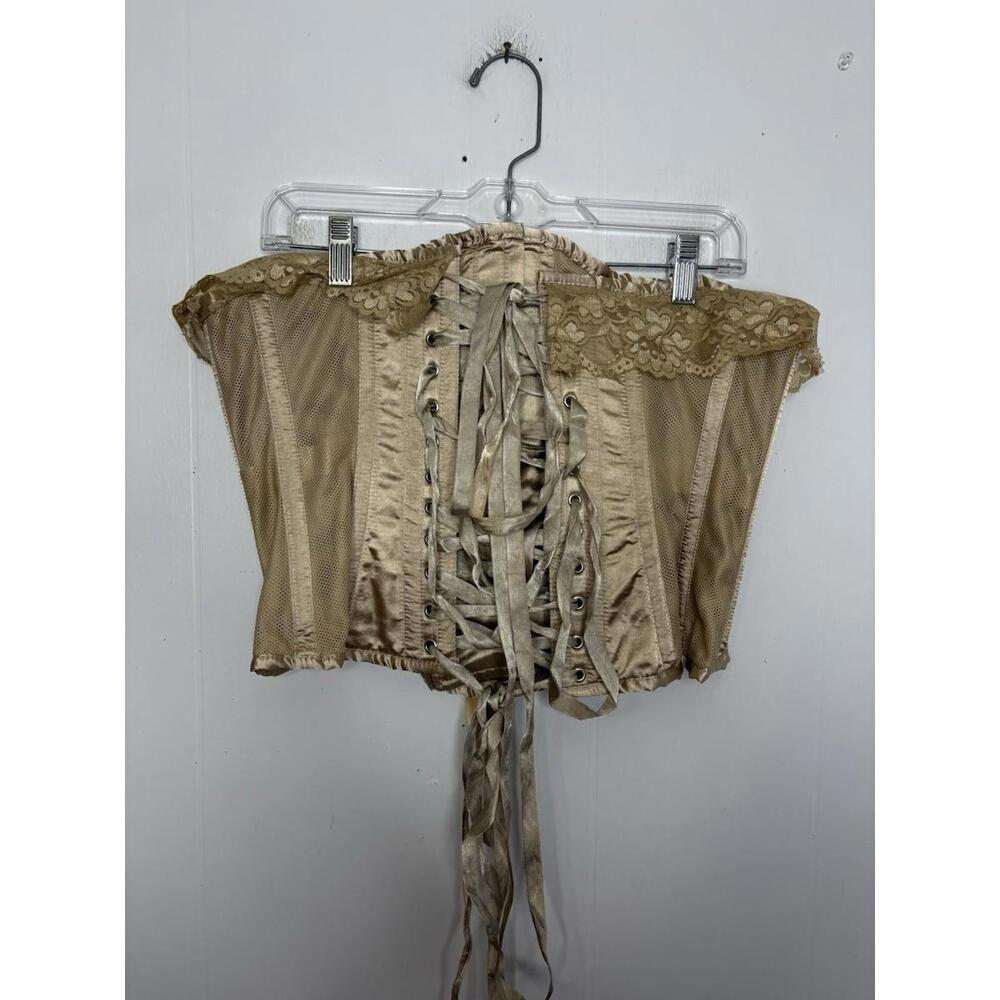 Vintage-Inspired Lace Trim Corset Top in Tan , Victorian Goth Festival Coquette
